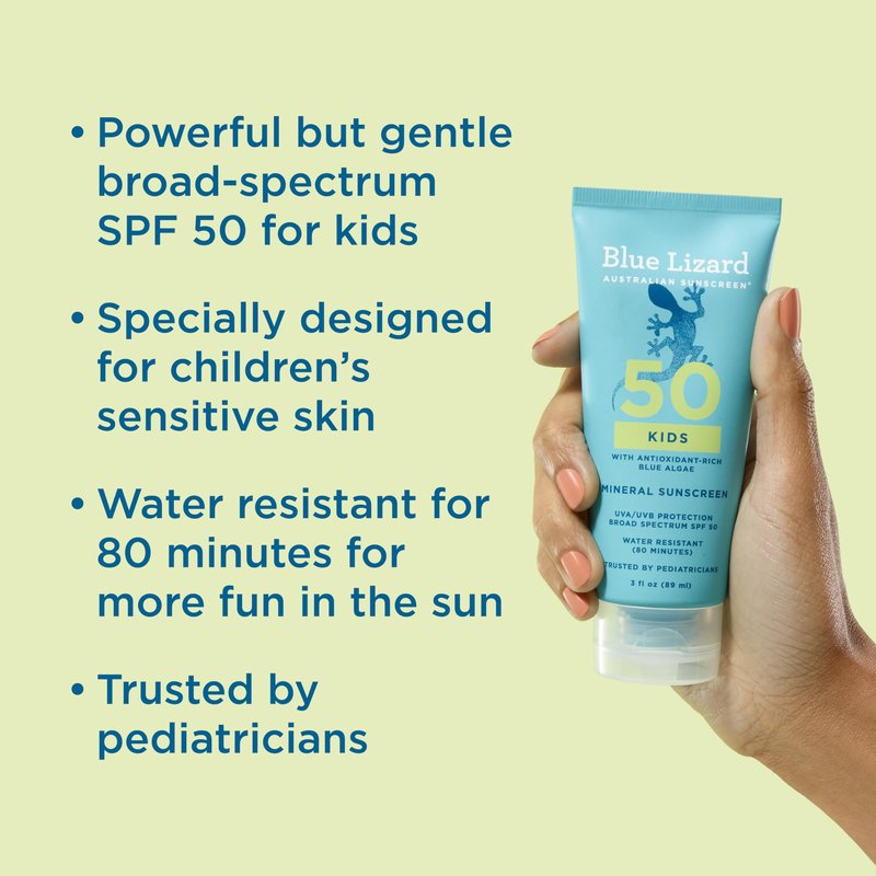 Blue Lizard Kids Mineral SPF 50 Sunscreen Lotion, 100% Mineral, Children’s Sunscreen, Water-Resistant Formula, Paraben-Free, Fragrance-Free, 3 fl oz