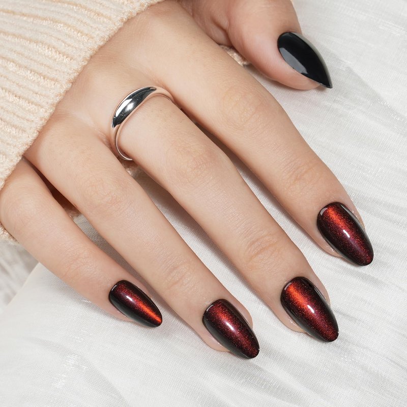Red Cat Eye Press On Nails Almond - Short Almond Fake Nails with Nail Glue, Brown Red Cateye Press On Nails Reusable Stick On Nails in 16 Sizes 32 Nail Kit for Women & Girls | Salon Quality