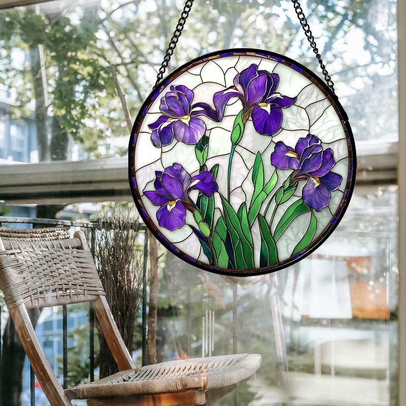 JOSUMALY Stained Glass Window Hanging - Purple Iris Flower Sun Catcher for Door Terrace Garden Home Decor, Green Plants Suncatcher Birthday Gifts for Lovers Women Men Dad Mom Nana 7.8 in