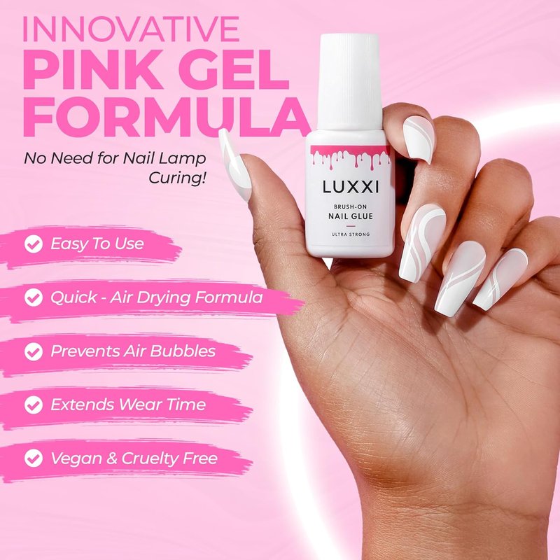 LUXXI Brush-On Nail Glue - Quick-Drying Adhesive for Press-On Nails | Precision Applicator, 0.24oz, Pink Gel