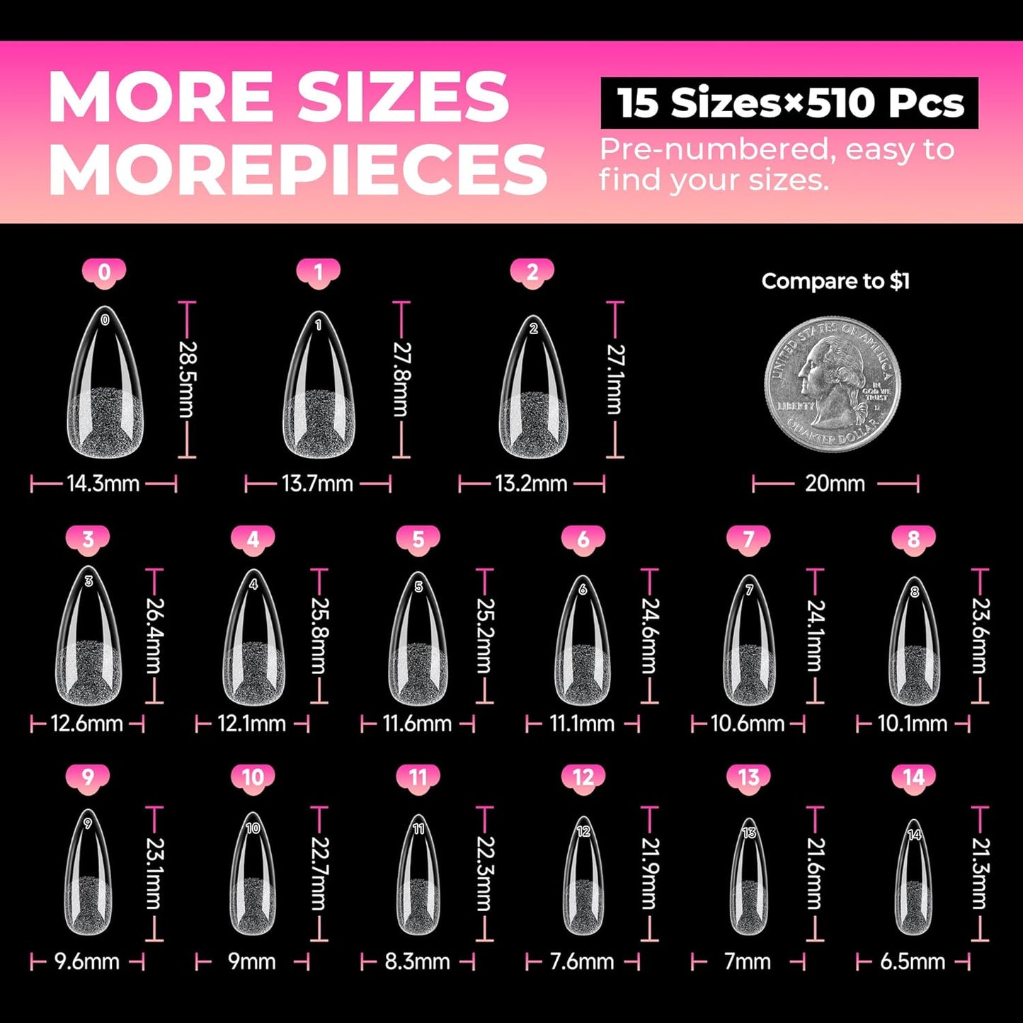 UNA GELLA Stiletto Gel Nail Tips - 510 Pcs Medium Almond Full Cover Clear Acrylic Nails | Sturdy Press-On for DIY & Salon Use