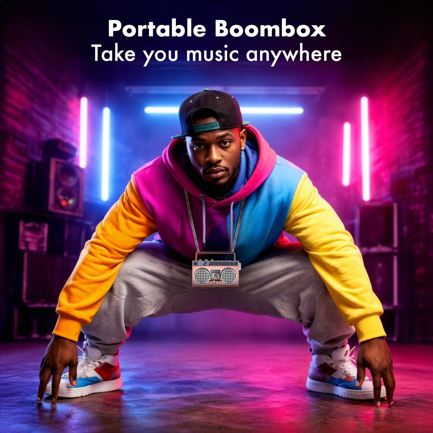 Portable Bluetooth Speakers, Retro Speakers Bluetooth Wireless Wearable Mini Bluetooth Boombox with 27” Neck Chain, FM Radio, On-Board Buttons, Dual 3W Peak Power Bluetooth Speaker for Home & Travel