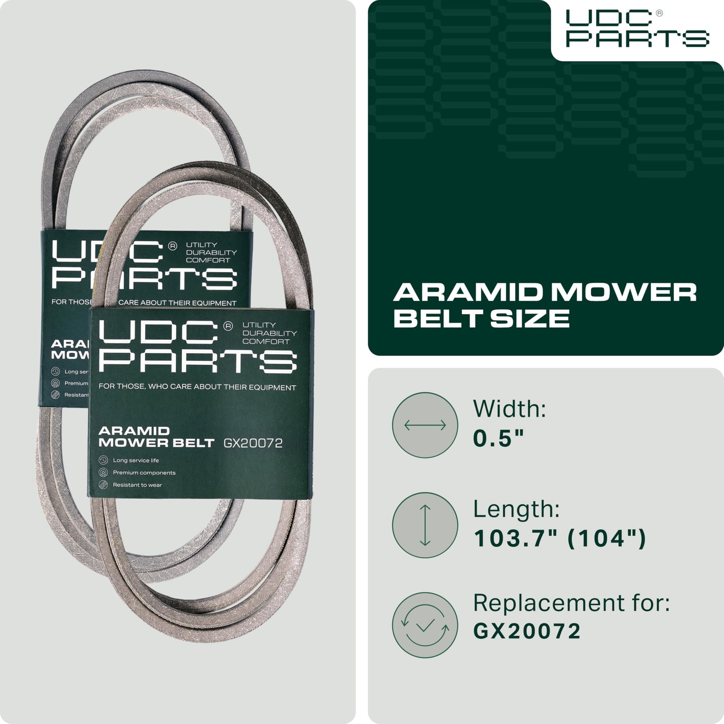 UDC Parts GX20072 John Deere 42 Inch Deck Belt Replace D110 L110 D105 E100 D130 S100 LA105 L100 D100 E130 L111 E110 E120 D125 125 LA135 LA110 S100 LA120 S120 LA125 UC32283 GY20570 Deck Belt / 104 inch