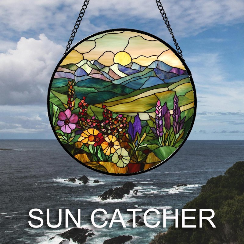 QZQCBLC Stained Glass Window Hanging Purple Wildflowers Pastoral Scenery 6.3" - Suncatcher Door Garden Sun Catcher Home Decor Birthday Christmas for Mom Men Woman Friend
