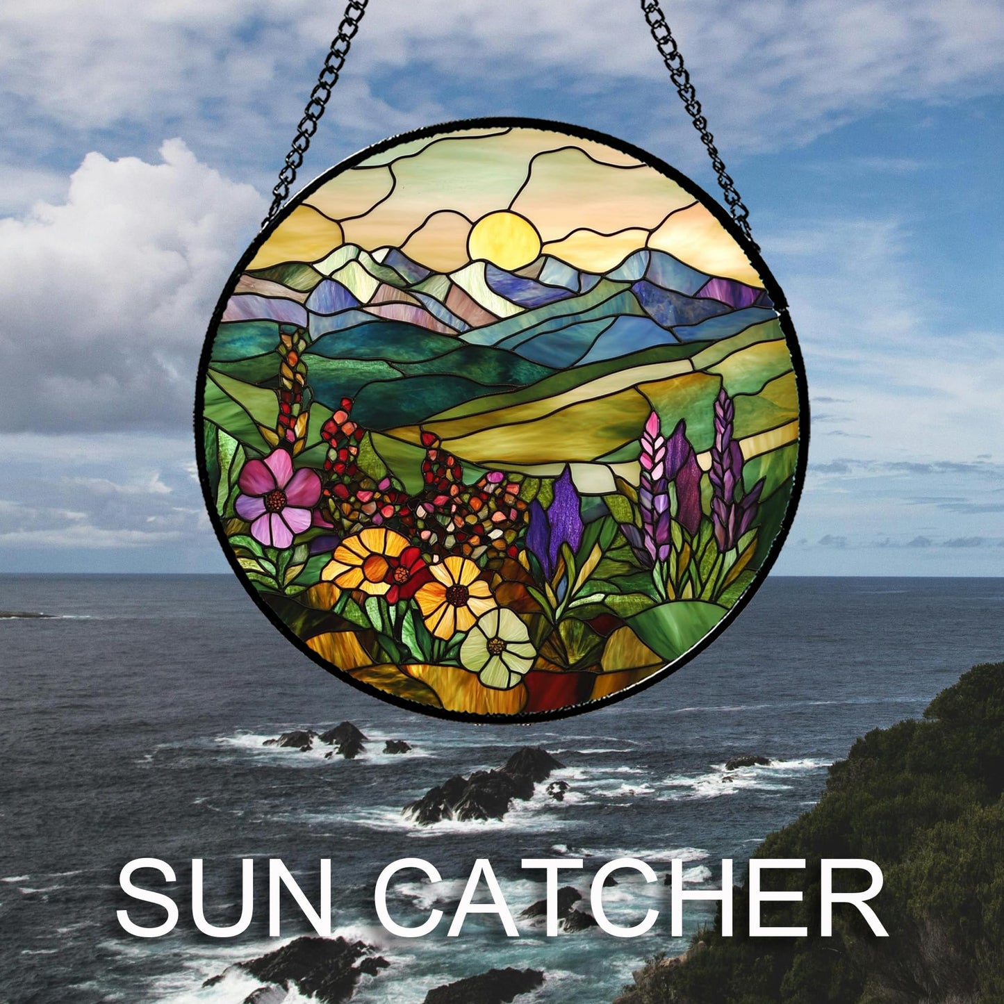 QZQCBLC Stained Glass Window Hanging Purple Wildflowers Pastoral Scenery Large 11.8" - Suncatcher Door Garden Sun Catcher Home Decor Birthday Christmas for Mom Men Woman Friend