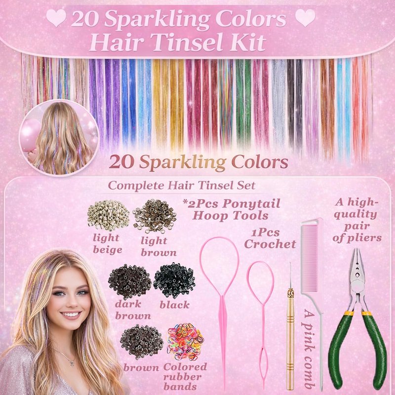 Skiennix Hair Tinsel Kit - 20 Vibrant Colors with Tools | 48-Inch Heat-Resistant Glitter Strands for Parties & Cosplay