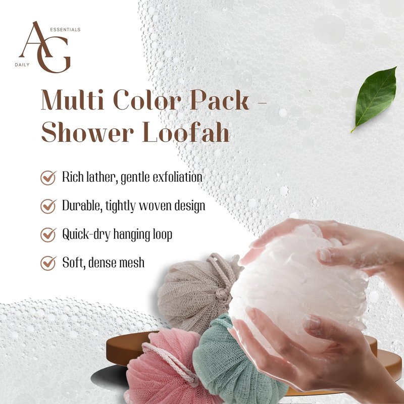 AG Daily Essentials Pack of 4 Shower Loofah Sponge Body Scrubber, Shower Scrubber for Men Women Bath Sponges Mesh Balls, Body Wash Scrubber for Use in Shower (MultiColor1)