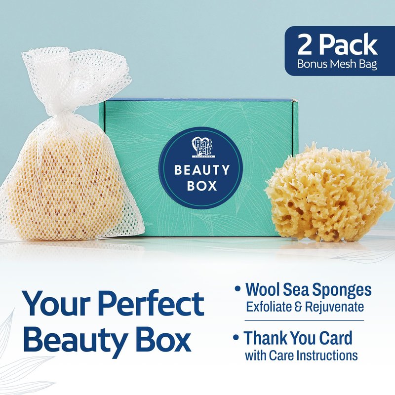 HartFelt Wool Sea Sponge Beauty Box for Delicate Skin | 2 Bath Sponges for Shower Women & Men 4 in | Natural Sponge with Mesh Bag for Cleaning & Drying | Chemical-Free Body Sponge Set - Gift Box
