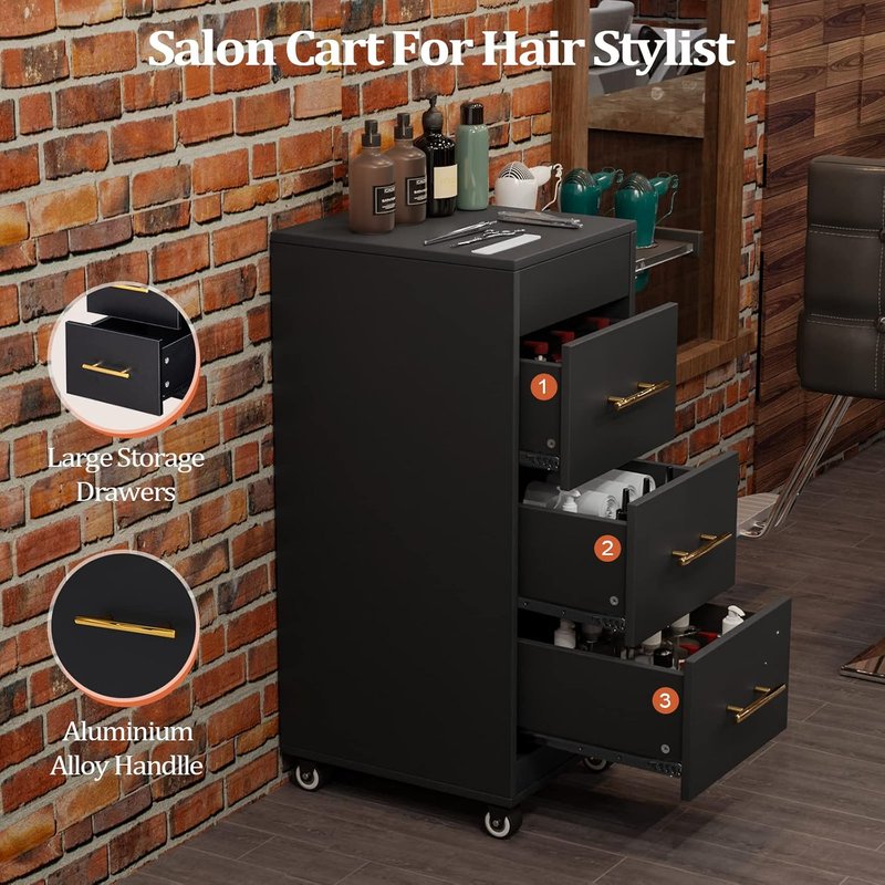Salon Trolley Cart - 3-Drawer Rolling Hair Styling Station with Wheels | Mobile Beauty Trolley for Salon, Spa & Barbershop - Black