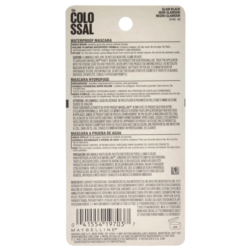 Maybelline Volum' Express Colossal Waterproof Mascara Makeup, Volumizing, Glam Black, 1 Count