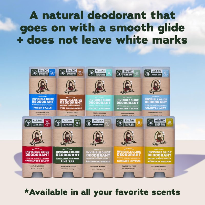 Dr. Squatch Invisible Glide Natural Men’s Deodorant – Smooth Glide, No Stains – Aluminum Free Deodorant Men – Safe for Sensitive Skin – Fresh Falls + Coconut Castaway, 2.65oz (2-Pack)