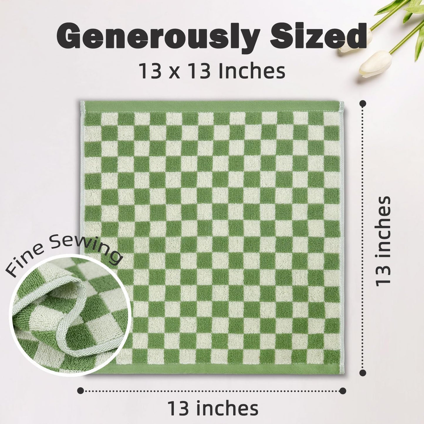 Jacquotha Wash Cloths Super Soft (Green Checkered), Wash Clothes 12 Pack Cotton Face Cloths for Washing Face Showering 13x13 Inches