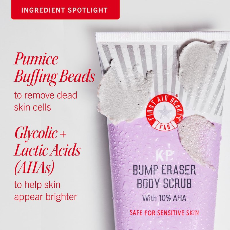 First Aid Beauty - KP Bump Eraser Body Scrub with 10% AHA, Keratosis Pilaris Skin Exfoliater with Glycolic and Lactic acids, Helps Reduce Chicken Skin Bumps, Safe for Sensitive Skin, 10 oz