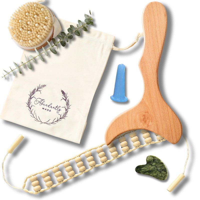 Abundantly Made Co. 7-Piece Lymphatic Drainage Massage Kit | Dry Brush, Wooden Paddle, Rope Roller, Jade Gua Sha, Silicone Cup, Linen Bag & E-Book | Wood Therapy, Maderoterapia & Body Sculpting Tools