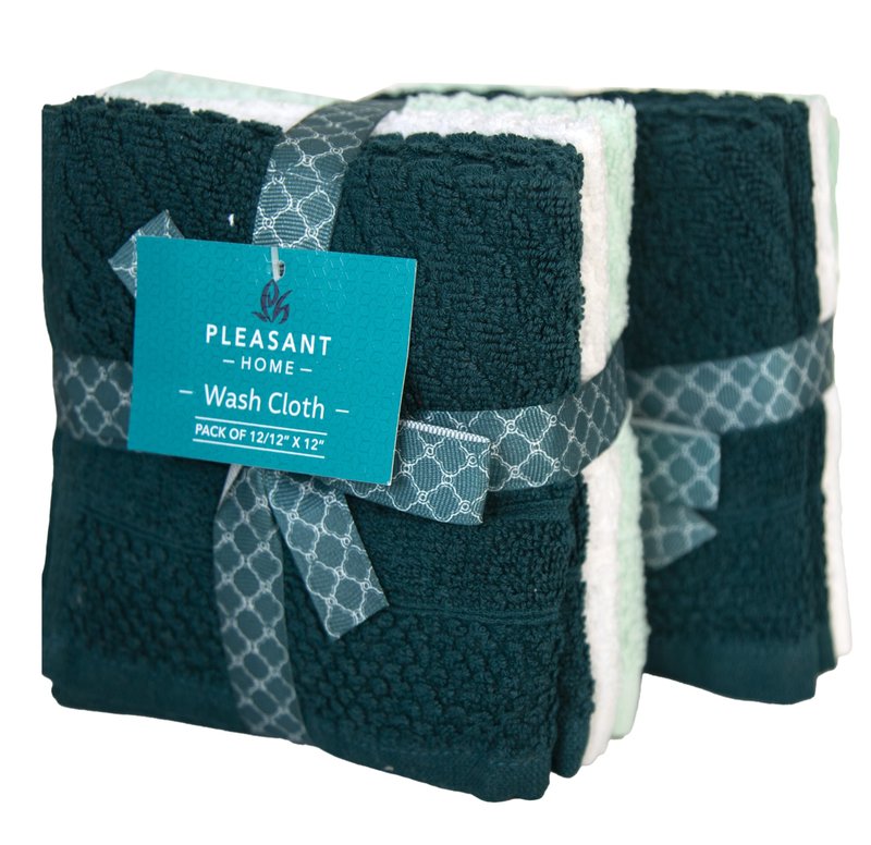 PH Pleasant Home Diagonal Wash Cloths Set - 12 Pack (12” x 12”) – 509 GSM - 100% Ring Spun Cotton Wash Cloth - Super Soft and Highly Absorbent Face Towels (Green, White & Mint)