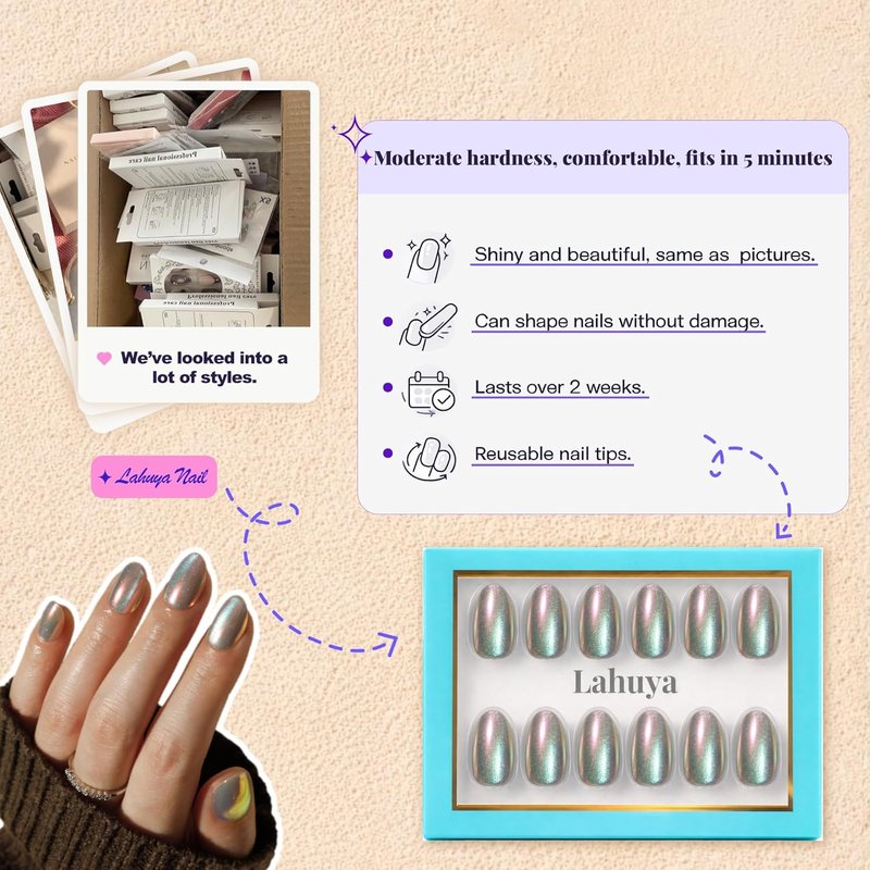 Press On Nails - Aurora Pearl | Iridescent Chrome Short Oval Fake Nails | 30 Nail Kit with Glue, 15 Sizes Available