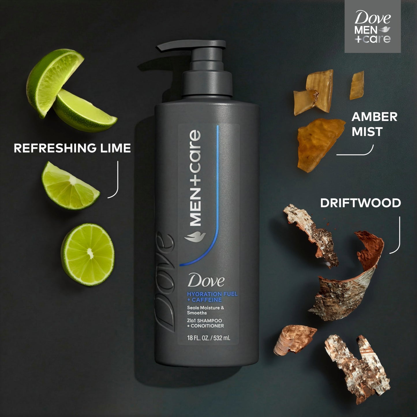 Dove Men+Care Shampoo 1 ct Hydration Fuel to Seal Moisture & Smooth Hair, with Caffeine, 18 FL OZ