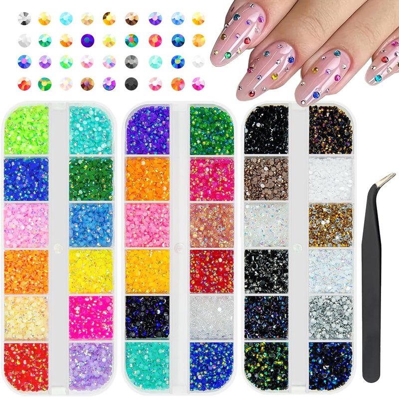 Qiipii 36 Color Tiny 2mm Jelly Resin Rhinestones - Flatback AB Gems for Nail Art, Crafts & Makeup
