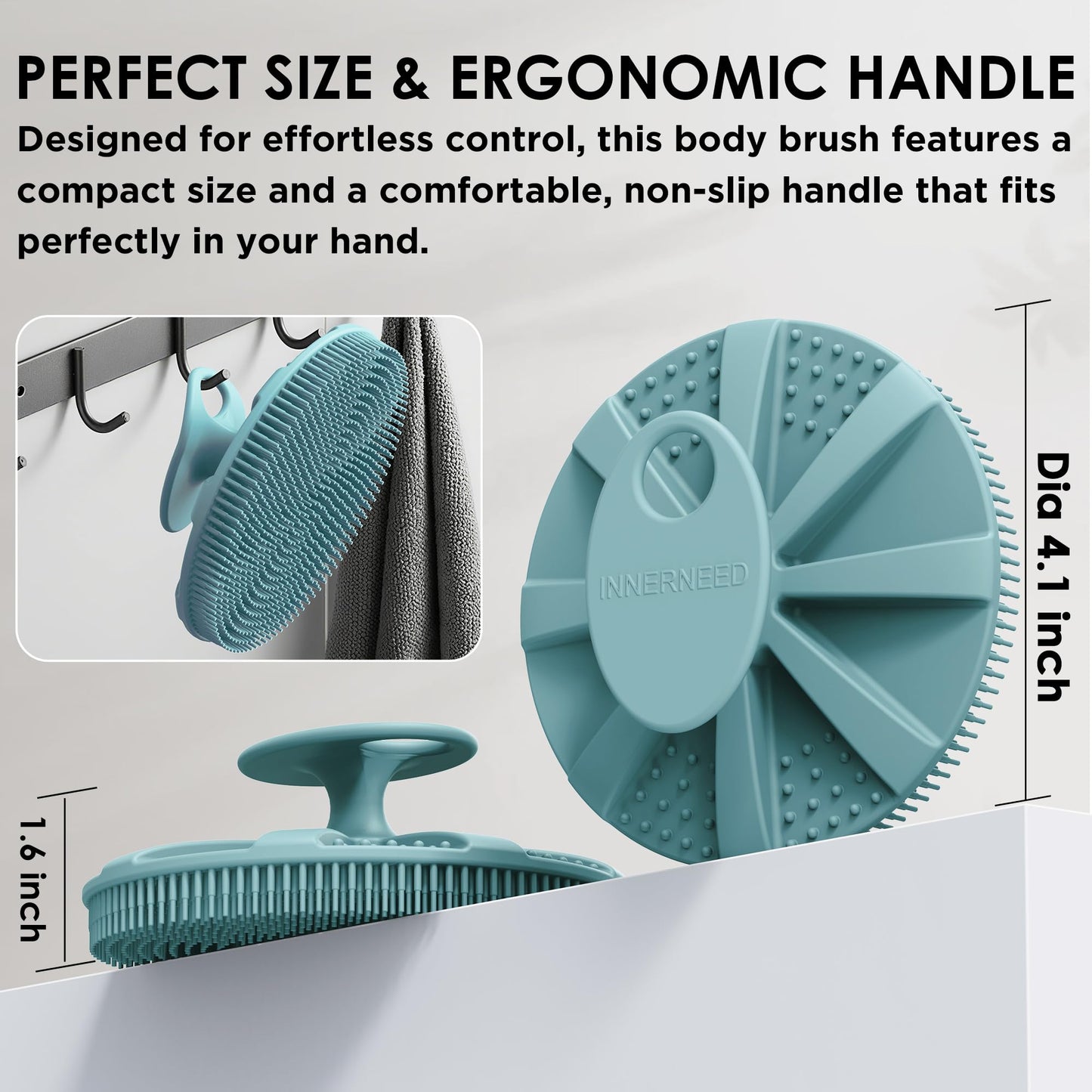 INNERNEED Food-Grade Soft Silicone Body Scrubber Shower Brush Handheld Cleansing Skin Brush, with Exfoliating Net Sponge Case (Pack of 4)