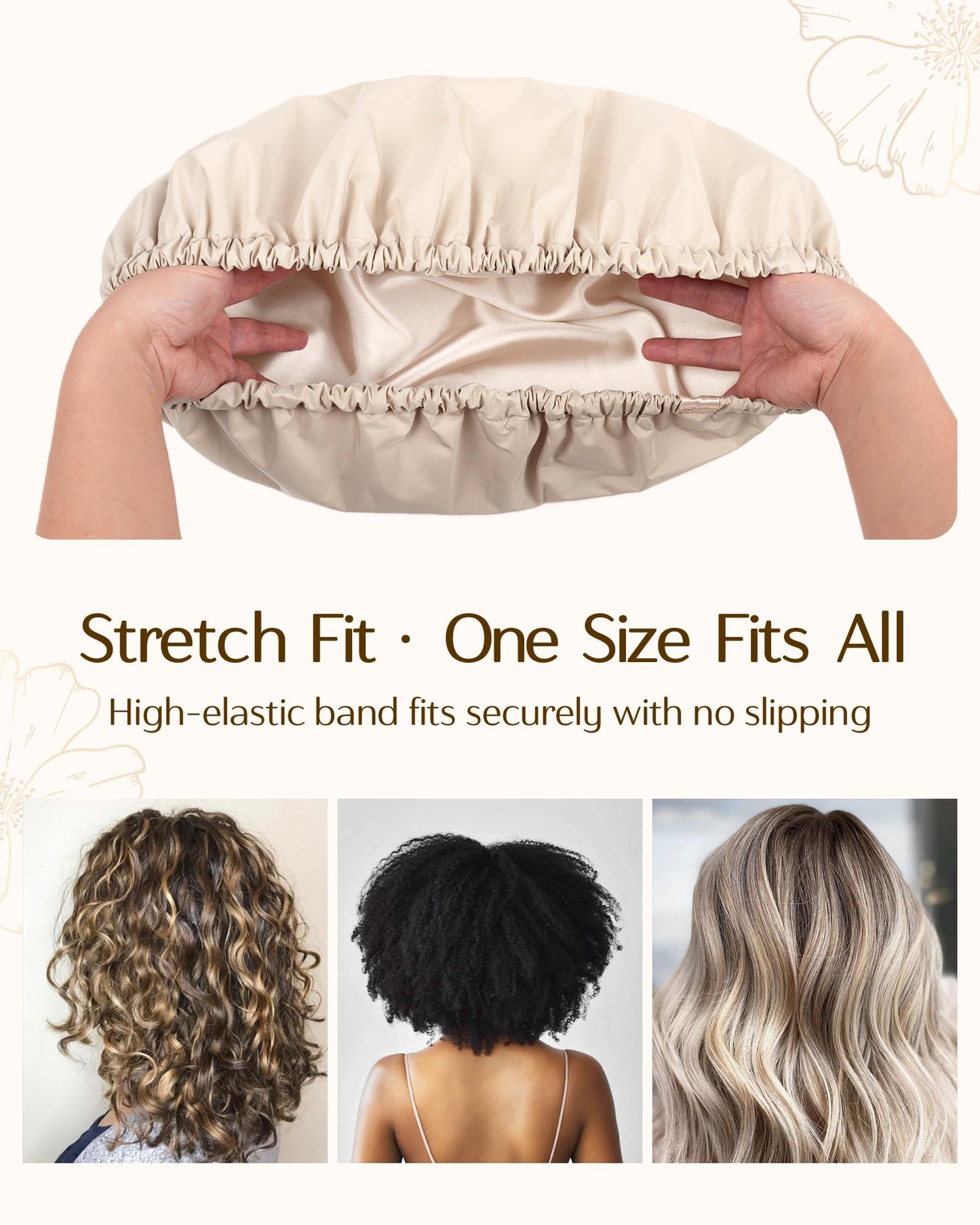 Yanibest Satin Lined Shower Cap for Women Reusable Waterproof, Frizz Free & Large Bath Cap with Soft Elastic Band, Luxury Hair Protection Caps (Beige)