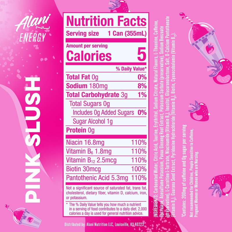 Alani Nu PINK SLUSH, Sugar Free, Low Calorie Energy Drinks, 200mg Caffeine, Biotin, B Vitamins, Zero Sugar, 10 Calories, 12 Fl Oz Cans, 12 Pack