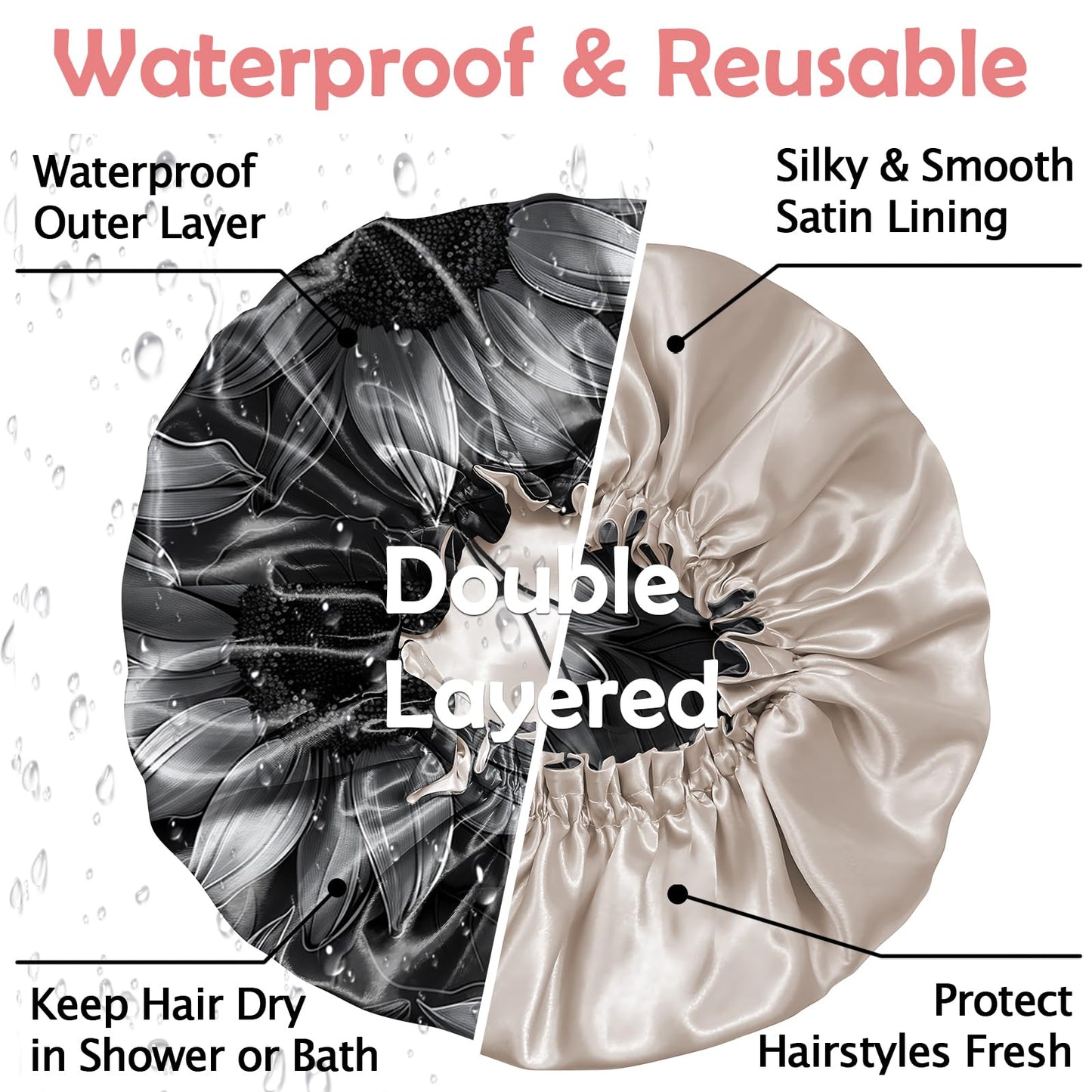 Cabreche Luxury Shower Cap Satin Silk Lined Adjustable Elastic Reusable Waterproof Shower Bath Cap Cute for Women Girls-Black Sunflower