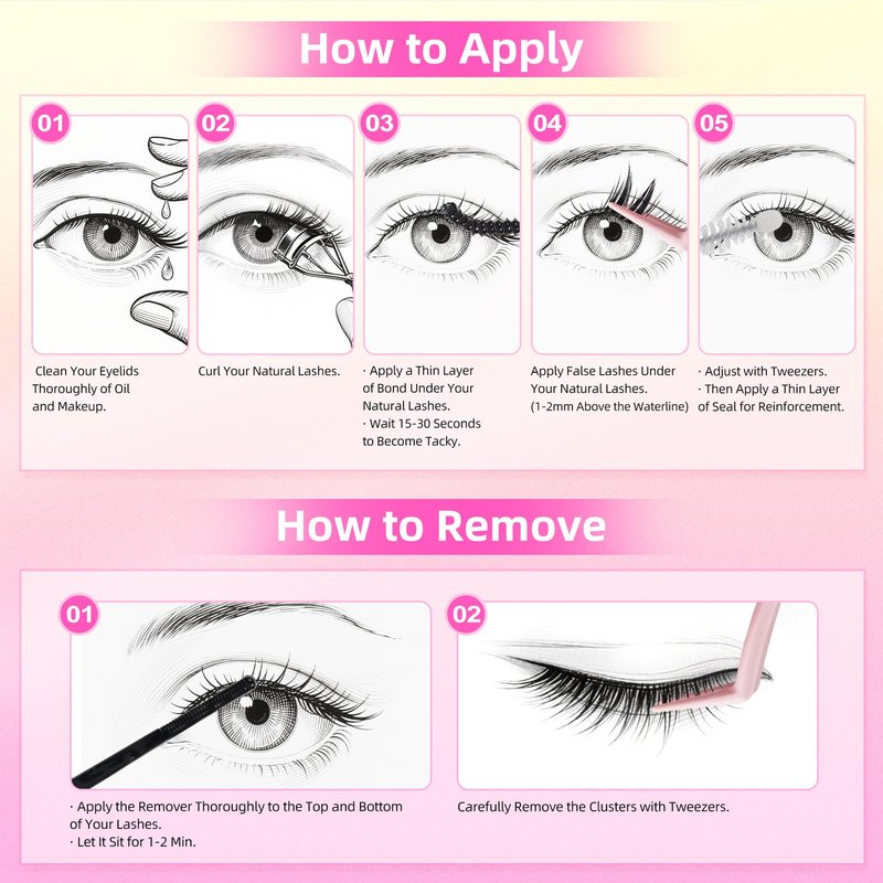 FayJoo Eyelash Adhesive Long Lasting Up to 7 Days, Strong & Flexible Hold Glue for Eyelash Extensions, Hypoallergenic, Waterproof & Quick-Dry, 3 in 1 Bond & Seal & Remover for Lash Cluster(5ml Each)