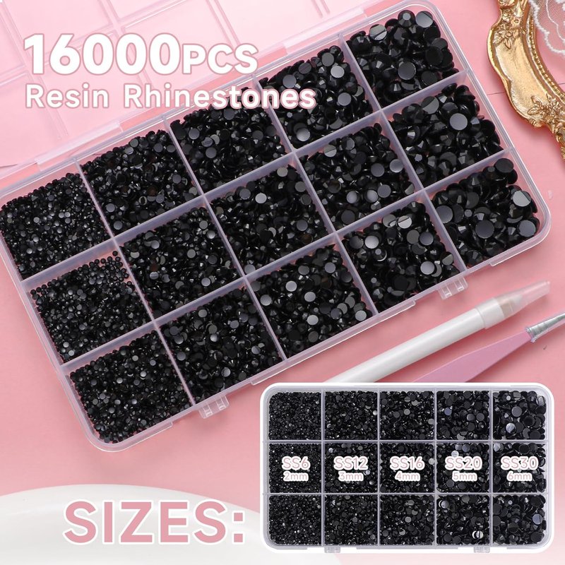 Skiennix 16000 Pcs Black Resin Rhinestones - Flatback Gems for DIY Crafts | Mixed Sizes with Pickup Tool