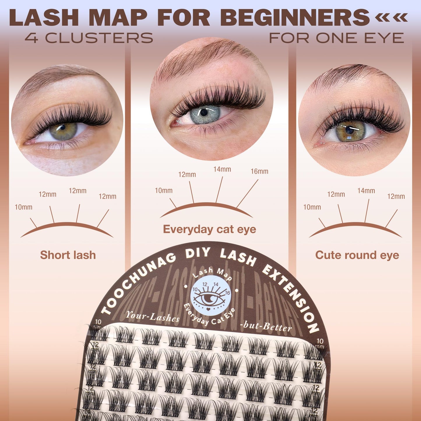 TOOCHUNAG Natural Lash Clusters Wispy Eyelash Clusters D Curly Volume Individual Lashes 10-16MM Cluster Eyelash Extensions DIY Lash Extension Thin Band Soft False Lashes Clusters