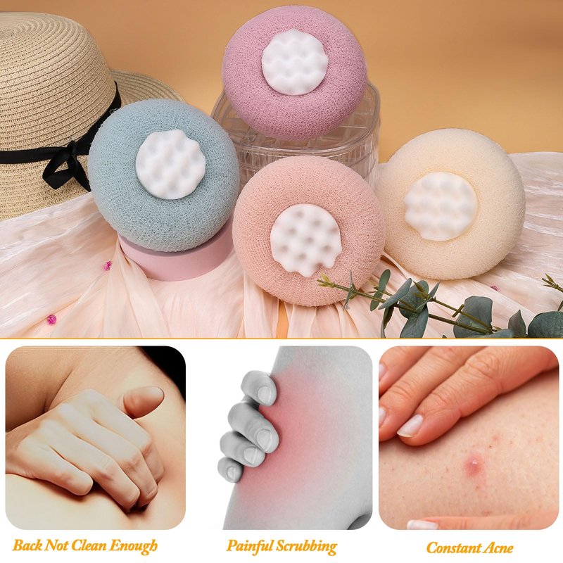 FWUNYVN 4Pcs New Upgrade 2-in-1 Sunflower Bath Ball, Ultra Soft Bath Sponge Cleaning Brush, Suction Cup Bath Ball with Finger Rings,Exfoliating Shower Loofah Sponges(Pink+Blue-Green+Beige+Purple)