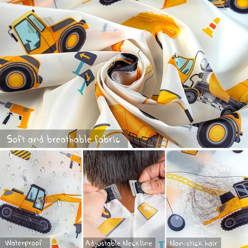 Kids Haircut Cape Set - Construction Site Pattern Barber Cape & Neck Duster Brush | 55x40 Inches for Boys & Girls