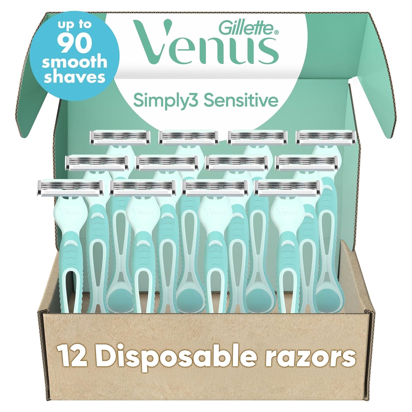 Venus Simply 3 Sensitive Disposable Razors - 12 Pack for Gentle Shaving