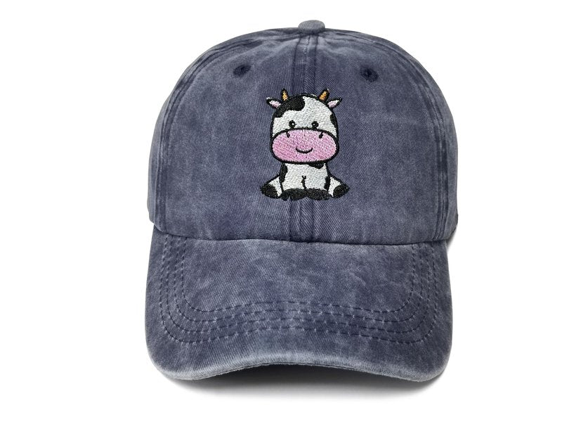 Hepandy Cute Cow Themed Gifts for Girls, Navy Blue Embroidered Hat for Boys, Adjustable Cotton Soft Baseball Cap for Child Kids