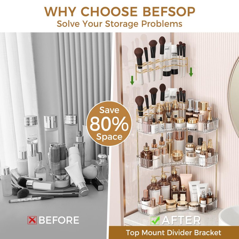BEFSOP Corner Bathroom Counter Organizer, Upgraded 3-Tier Makeup Organizer Countertop with Makeup Brush Holder, Skincare Exquisite Vanity Organizers Countertop Bathroom Storage Dresser(CLEAR)