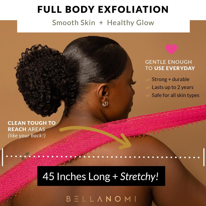 BELLANOMI African Exfoliating Net Sponge, Authentic, Ethically sourced from Nigeria, 45 inches Long, Back Scrubber for Daily use (Pink)