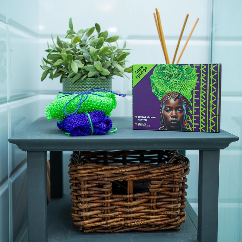 African Net Sponge, Premium Authentic Exfoliating Body Scrubber, Extra Long Stretch Bath Sponge for Shower, Deep Exfoliating Washcloth for Smooth Skin, 2 Pack (Purple & Green)