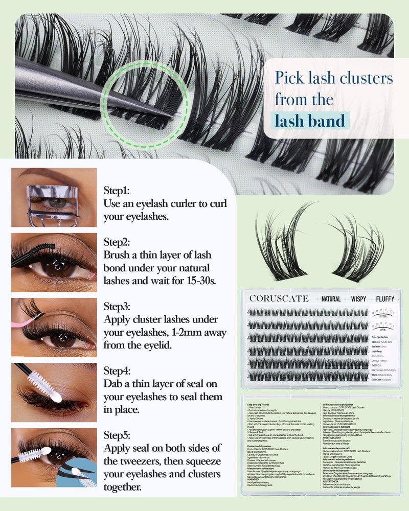 CORUSCATE Lash Clusters Wispy Eyelash Clusters Natural Spider Lashes Cluster with Spikes Kim&Kylie Individual Lashes Short 8-14mm Cluster Eyelash Extensions Clear Band Lash Extension