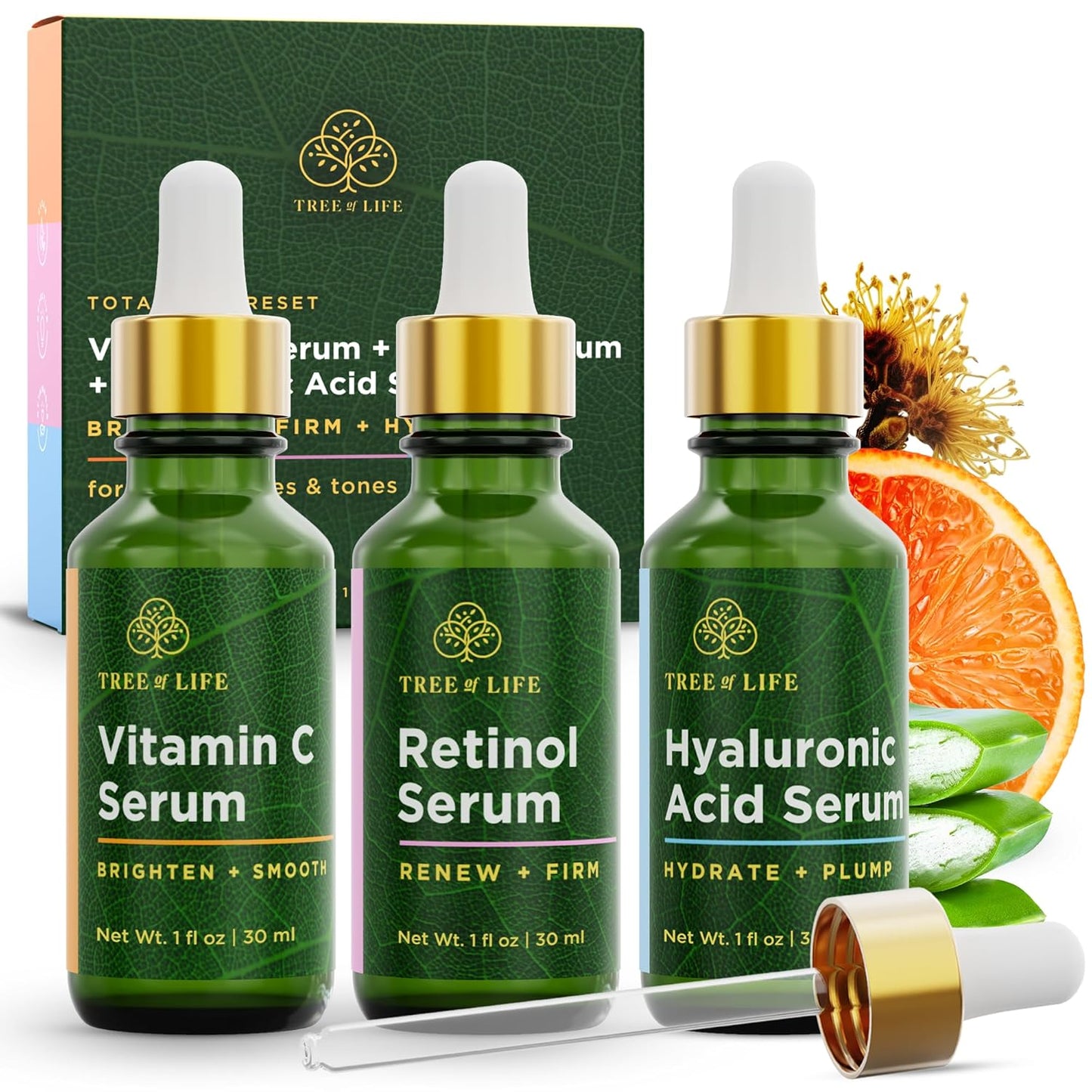 Skiennix Tree of Life Face Serum Set - Brightening Vitamin C, Retinol & Hyaluronic Acid - Anti-Aging Skin Care | 1 Fl Oz (Pack of 3)