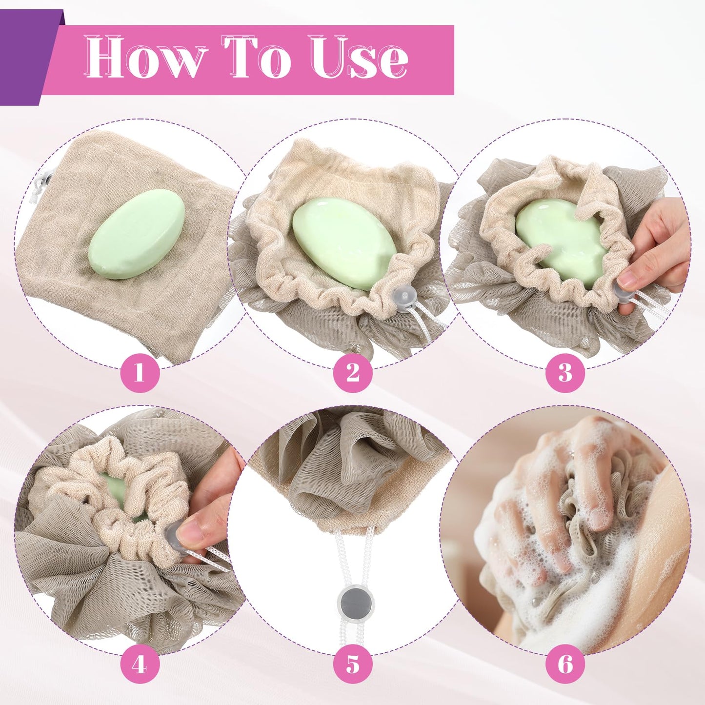 SHENLIU 12 Pack Loofah Washcloth Soap Bar Loofah, 2 in 1 Drawstring Exfoliation Bath Sponge with Bar Soap Pocket Exfoliation Mesh Shower Puff Ball Bath Shower Body Wash Cleansing Smooth Skin