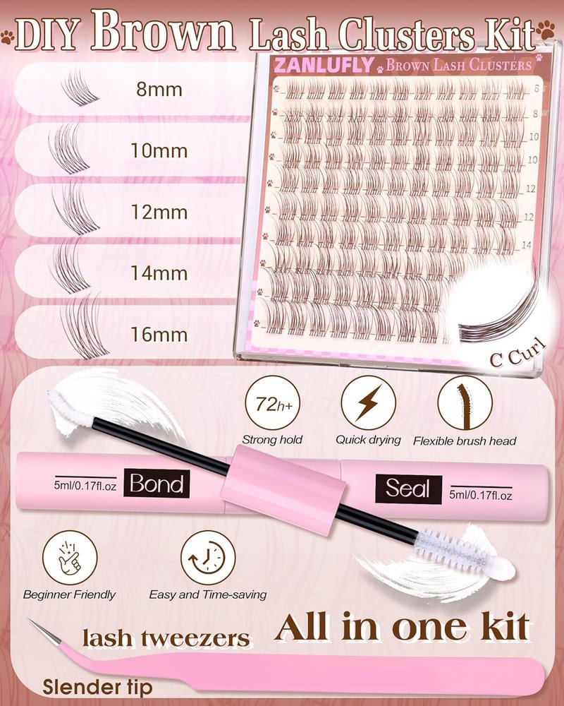 Natural Brown Lash Clusters Kit - Dark Brown Eyelash Extensions for Soft Glam | 8-16mm DIY Individual Lashes with Clear Band