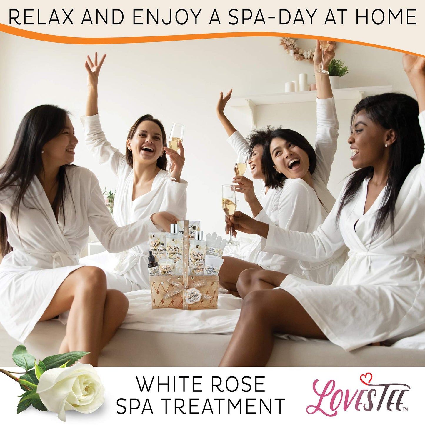 Christmas Gifts Bath & Body Spa Gift Basket for Women, Best Gift for Mother's Day & Birthday, White Rose Set Body Lotion, Shower Gel, Bubble Bath, Bath Salt, Towel, Soap, Oil, Candle, Gloves,