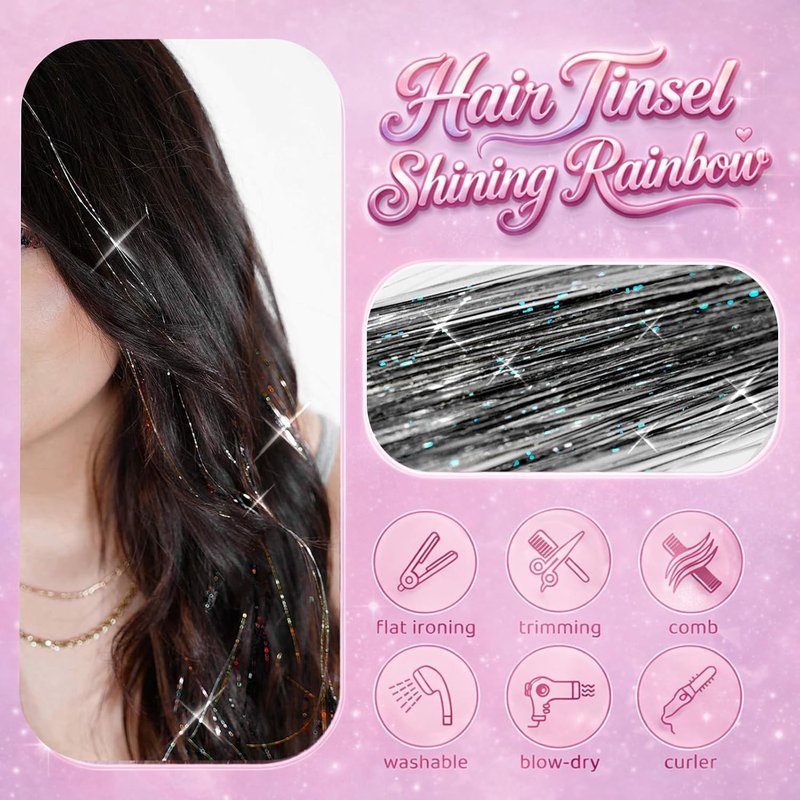 Skiennix Black Hair Tinsel Kit - 8 Pcs 48-Inch Glitter Hair Extensions for Parties & Festivals