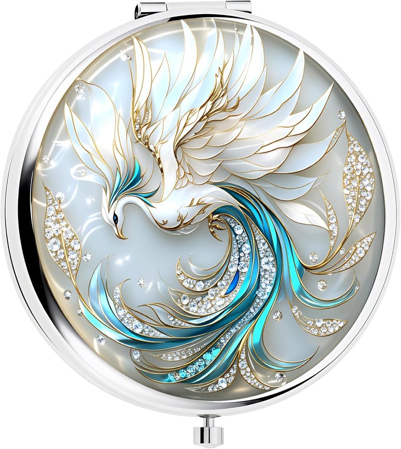 Double-Sided Compact Mirror - 2.8x2.8 Inch Folding Makeup Mirror with Elegant White Phoenix Design | Perfect Gift for Women