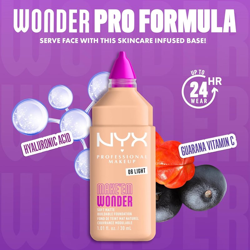 NYX PROFESSIONAL MAKEUP Make 'Em Wonder Liquid Foundation, 24HR Foundation Makeup With A Soft Matte Finish, Buildable Full Coverage - 06 Light