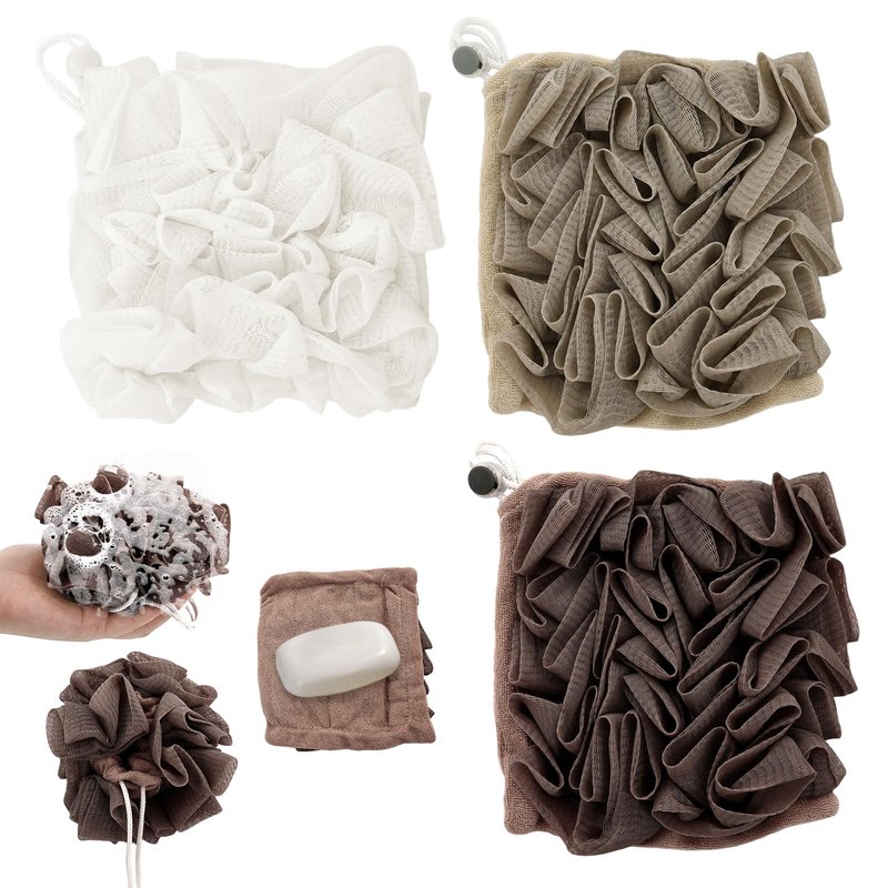 3 PCS Soap Bar Loofah that Holds Bar Soap-Exfoliation Mesh Shower Ball,2 in 1 Bath Loofah Sponge with Drawstring (Coffee, Khaki, White)