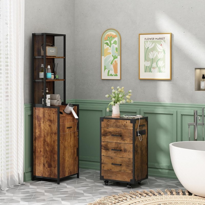Rolling Station for Hair Stylists - Salon Trolley Cart with Power Outlets | Rustic Brown Storage Solution