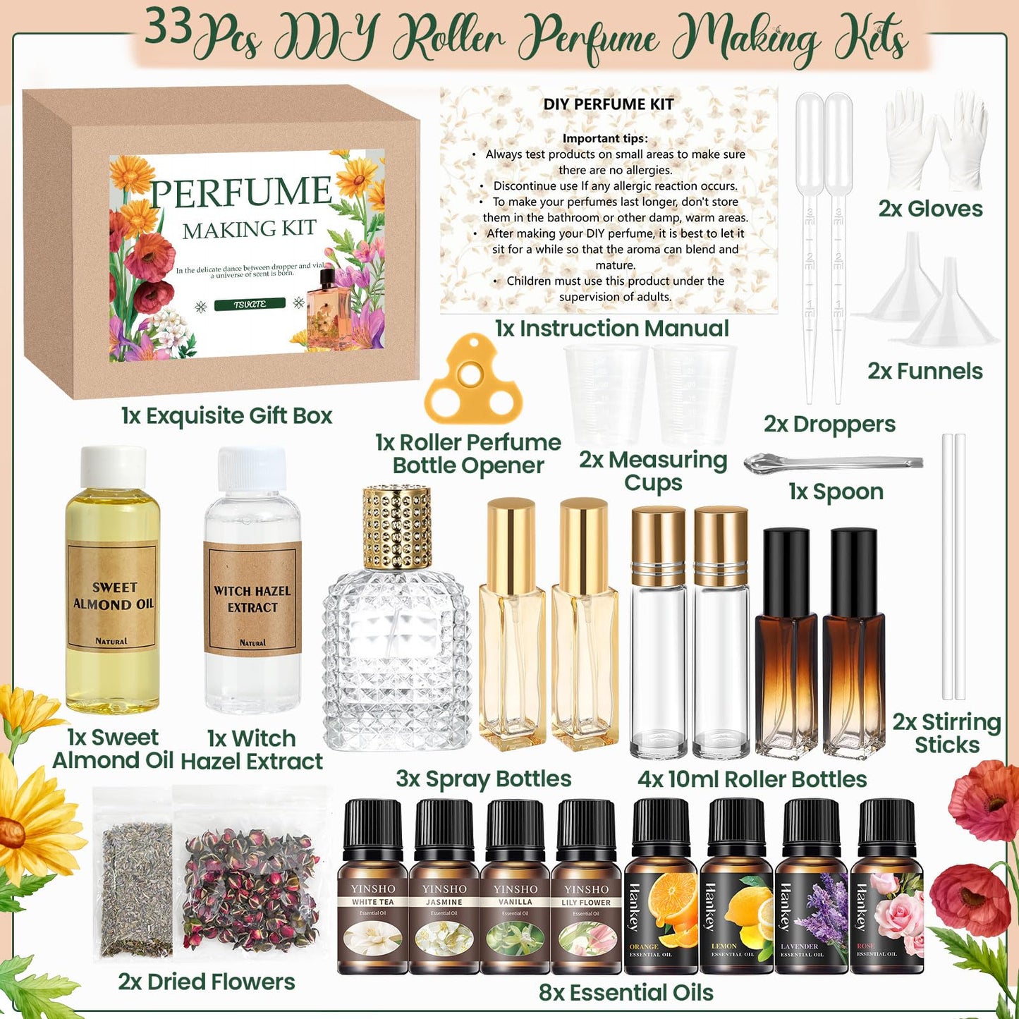 TSVATE DIY Perfume Making Kit for Women- Roller Perfume Making Kit, Travel Perfume Set with Essential Oil, Spray Bottles, Make Your Own Scent, Roller Fragrance Christmas Gifts for Women Girls