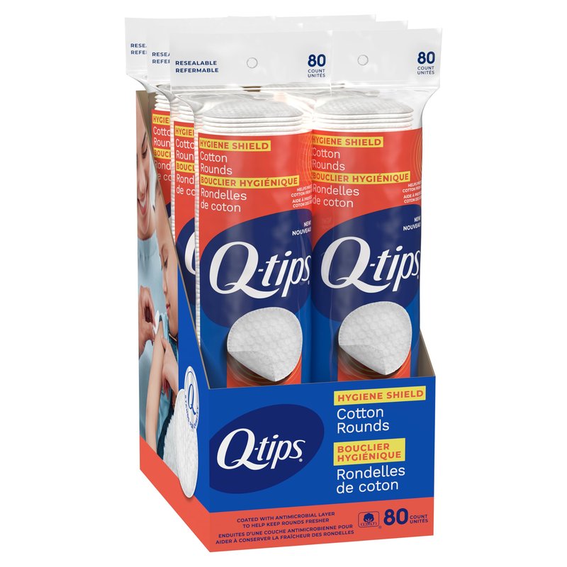 Q-Tips Hygiene Shield Cotton Rounds for Face, 100% Cotton, Antimicrobial Lint Free Makeup Remover Pads, Cleansing Face Pads for Toner, Nail Polish Remover, Skin Care - 80 Count Per Pack, 6 Pack
