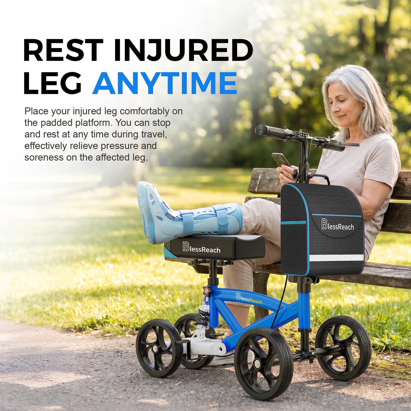 BlessReach Steerable Knee Scooter Deluxe Medical Scooter for Foot Injuries Compact Crutches, with Dual Rear on-Wheel Brake and Shock Absorption Under The Knee pad（Blue）
