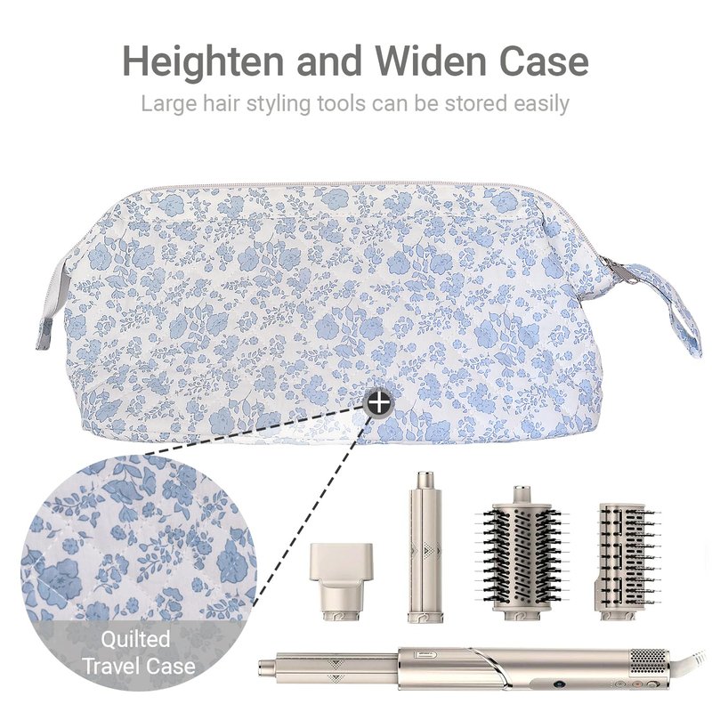 Quilted Hair Tools Travel Bag Compatible with Dyson Hair Dryer Airwrap, Floral Hair Tools Bag Compatible with Shark Flex Style Case, Hair Dryer, Curling Iron, Dustproof Travel Storage Organizer (Blue)